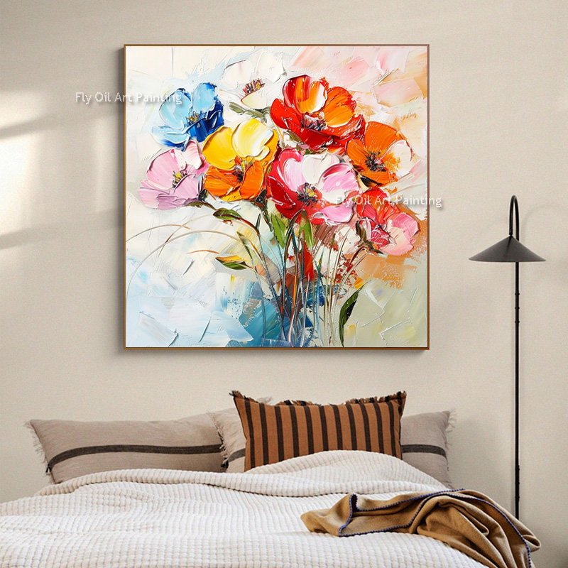 Home Decor Color Palettes - ภาพวาดสีน้ำมันดอกป๊อปปี้แบบหนา วาดด้วยมือ ใช้สีสันสดใส พร้อมมีดปาดสี ภาพศิลปะบนผืนผ้าใบสำหรับตกแต่งห้องนอนและบ้าน