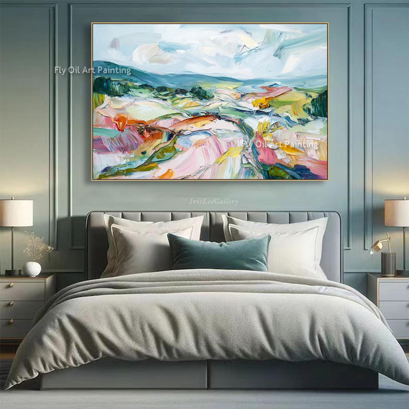 Home Decor Color Palettes - ภาพวาดสีน้ำมันทิวทัศน์ด้วยมีดปาเลตต์ วาดด้วยมือ ภาพภูเขาสีสันสดใสบนผืนผ้าใบสำหรับตกแต่งบ้าน
