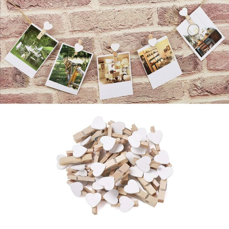 Home Decor Scrap - 50 ชิ้นหัวใจสีขาว Clothespins ไม้กระดาษ Photo Peg