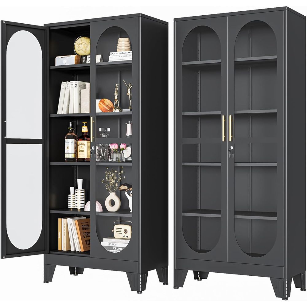 H&M Home Decor - ตู้โชว์แบบล็อคได้สูง 71 นิ้ว พร้อมประตูกระจก ตู้โชว์โลหะพร้อมชั้นวางปรับระดับได้ 4