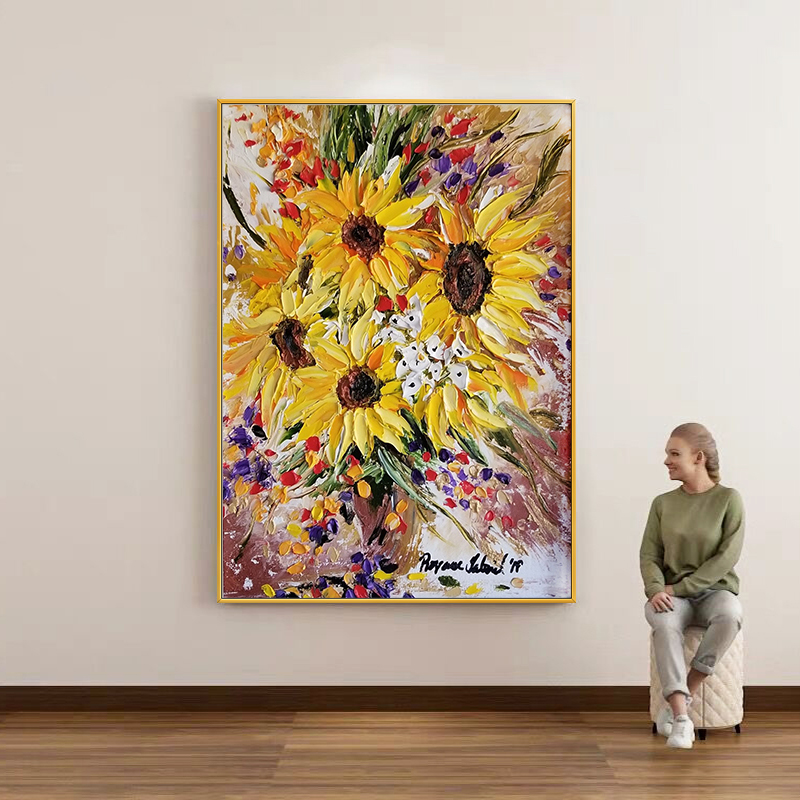 Home Decor Color Palettes - ภาพวาดสีน้ำมันดอกทานตะวันแบบ 3D ที่มีสีสันสดใส, งานศิลปะบนผ้าใบลายดอกไม้ที่วาดด้วยมือโดยใช้เกรียง, งานศิลปะตกแต่งผนังบ้านด้วยดอกไม้หลากสีสัน