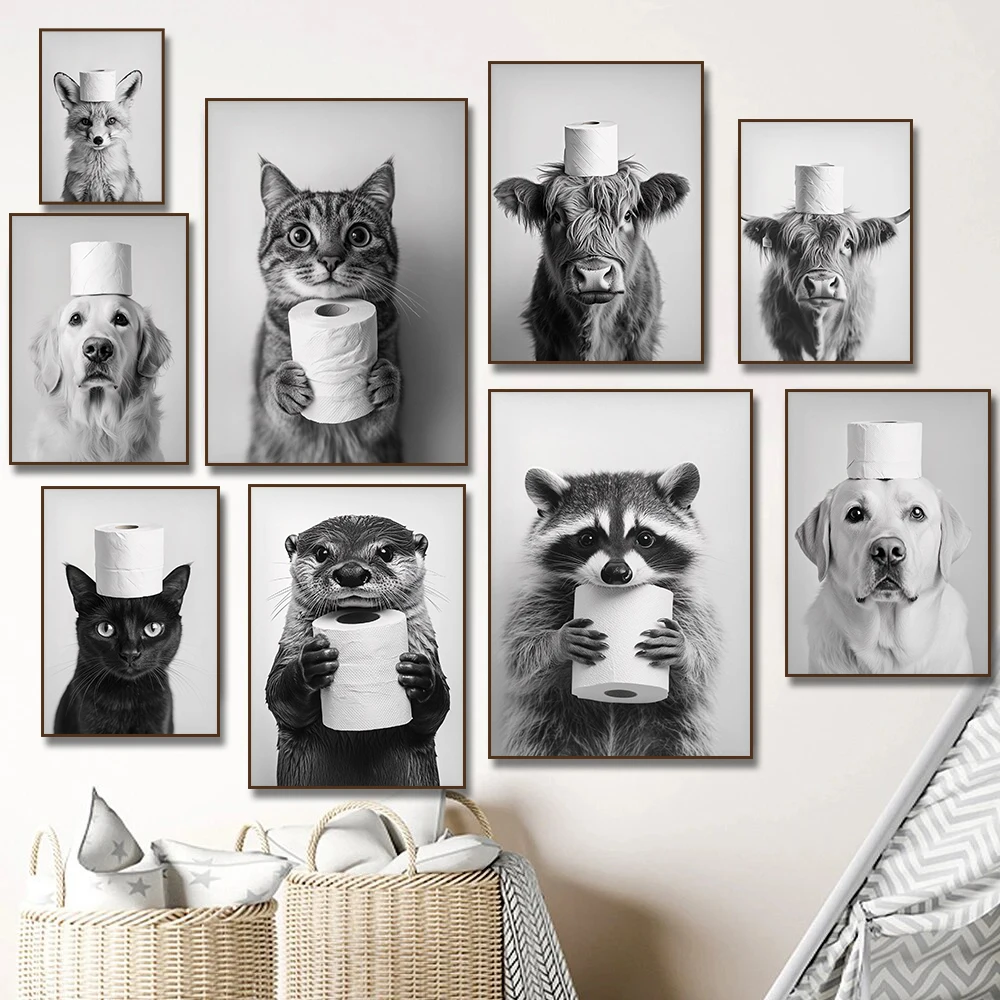 Home Decor Scrap - โปสเตอร์พิมพ์ลายวัวไฮแลนด์ นาก แมว แรคคูน พร้อมกระดาษชำระ สำหรับตกแต่งผนังห้องน้ำ