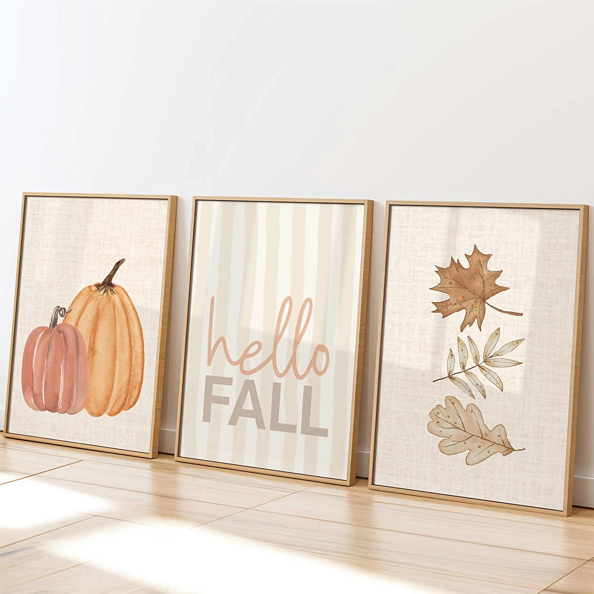Home Decor Logo - ภาพพิมพ์บนผ้าใบลายโลโก้ Hello Autumn 1/3 ชิ้น ลายฟักทองและใบเมเปิล