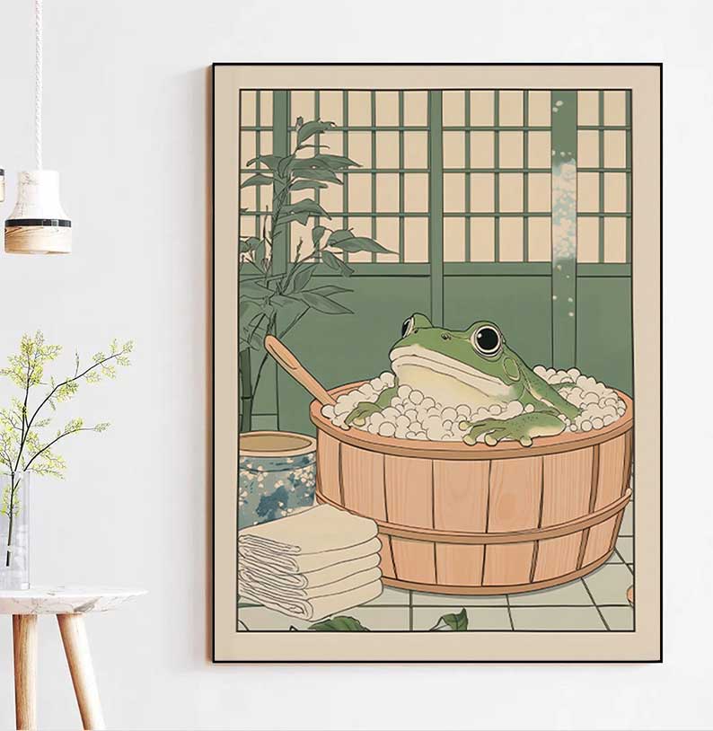 Home Decor Vietnam - โปสเตอร์ภาพพิมพ์กบญี่ปุ่นในอ่างอาบน้ำ สไตล์วินเทจ น่ารัก สนุกสนาน ภาพวาดบนผ้าใบ ตกแต่งห้องน้ำ