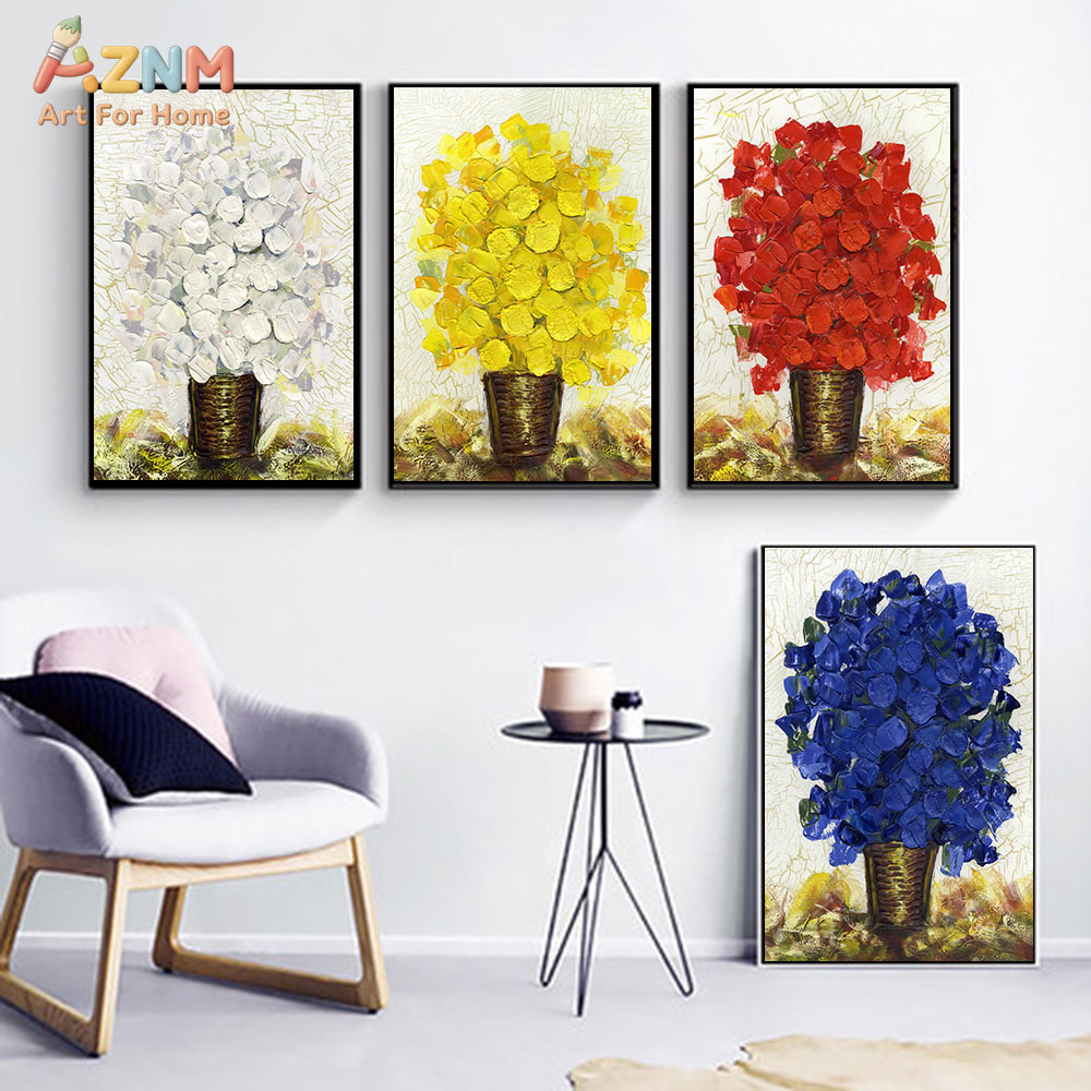 Home Decor Color Palettes - AZNM มีดปาดสีเนื้อหนา แจกันไฮเดรนเยียหลากสี ภาพพิมพ์บนผ้าใบ ศิลปะติดผนังแบบไม่มีกรอบ ตกแต่งบ้านสไตล์โมเดิร์น