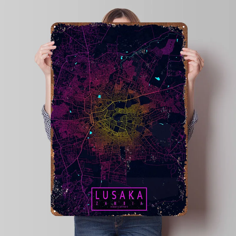 Home Decor Zambia - แผนที่เมืองลูซาคา แซมเบีย โปสเตอร์นีออน ป้ายโลหะตกแต่งห้อง ป้ายดีบุกปรับแต่งได้สำหรับตกแต่งบ้าน ตกแต่งห้องสวยงาม