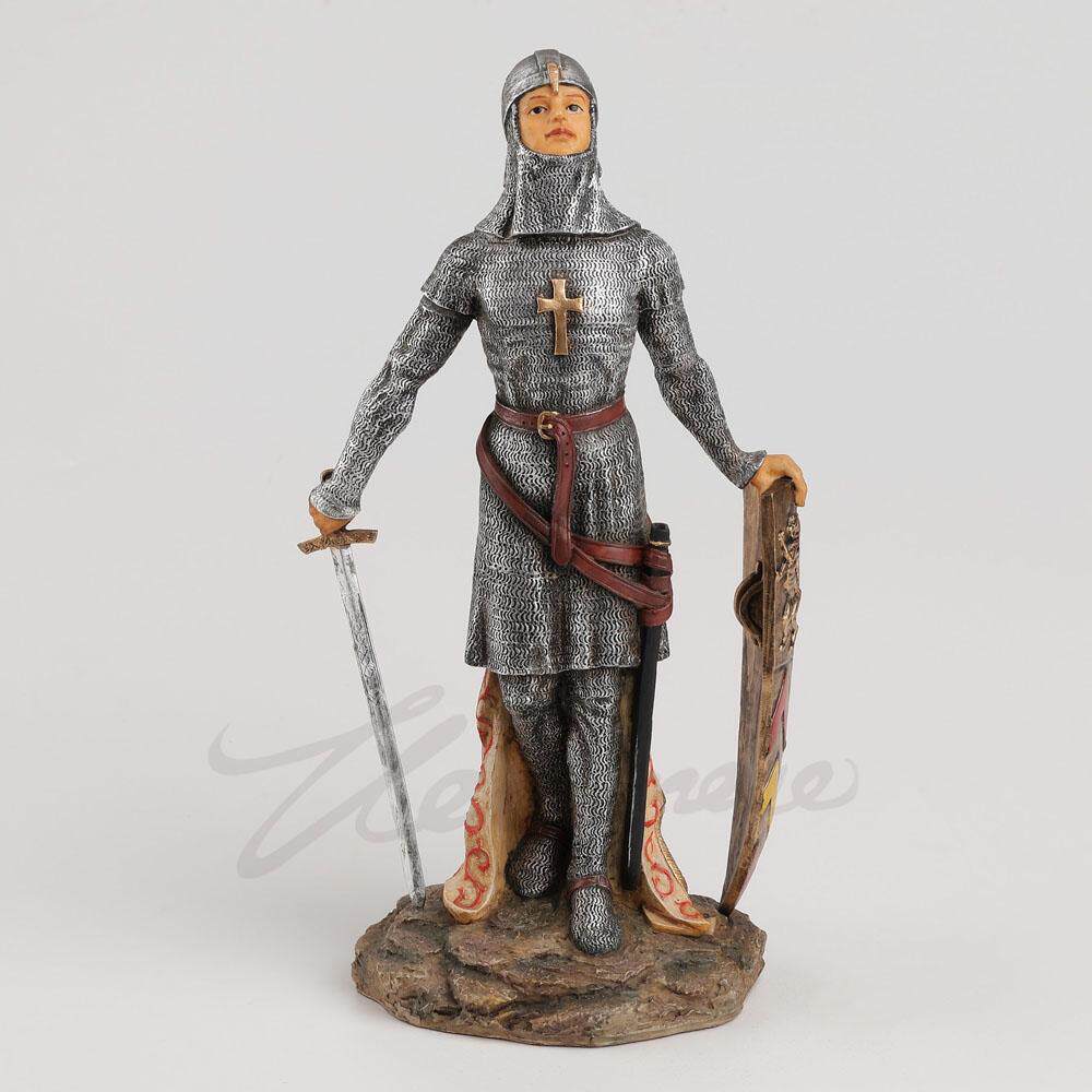 Home Decor Medieval - รูปปั้นเรซิ่นอัศวินเทมพลาร์ยุคกลาง นักรบครูเสด พร้อมดาบและโล่ ชุดเกราะเมช ของตกแต่งบ้าน ของสะสม
