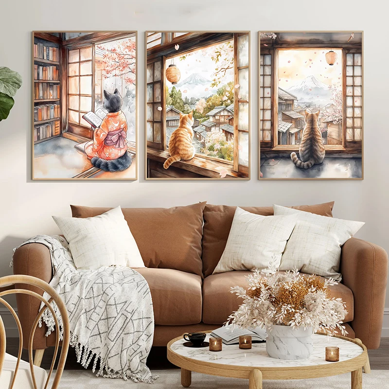 ภาพวาดแมวญี่ปุ่นสีดำอาบน้ำ พระ - Home Decor Japanese บทวิจารณ์และราคา